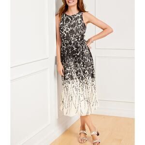 Talbots Tulips Midi Dress Black White Floral Belted Sleeveless Sz 8